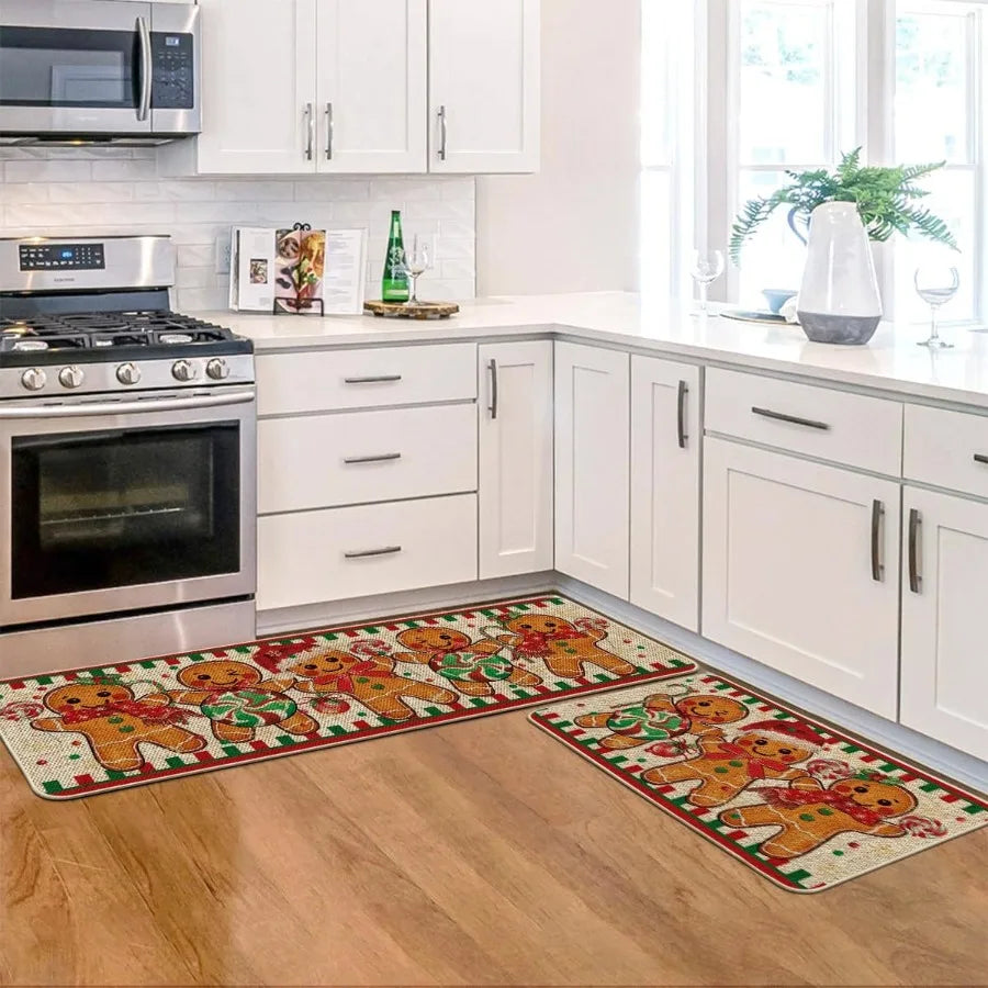 Gingerbread Candy Cane Christmas Kitchen Mats Set of 2 Winter Home Decor LowProfile Kitchen Rugs for Floor 17x29 and 17x47 Inch
