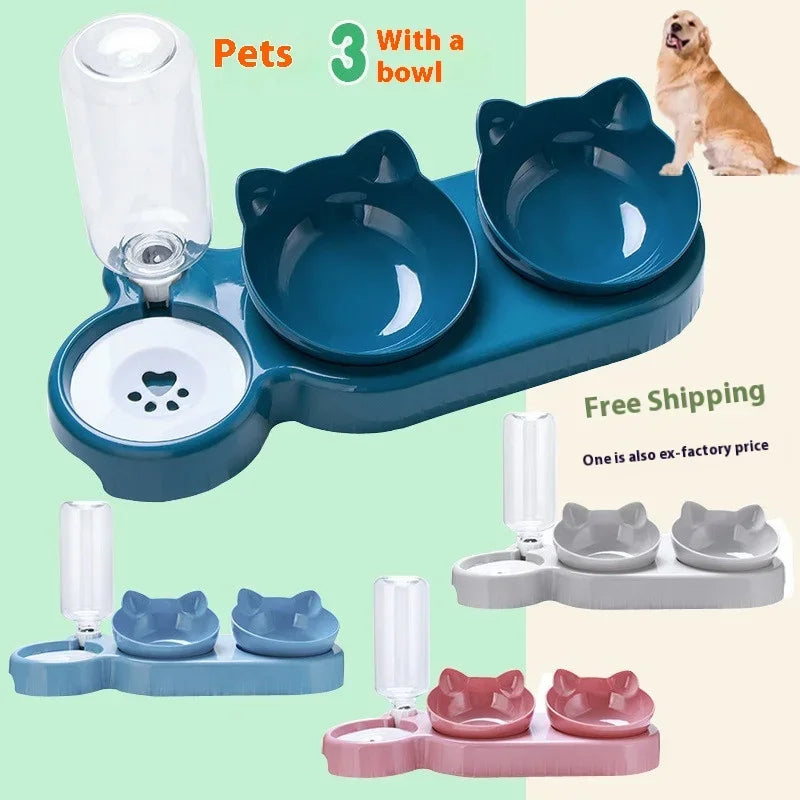 Pet Bowl 3-In-1 Tilt Design Diet Set With Gravity Water Bottle For Drinking Water Protection Neck Protection Preventing Overturn