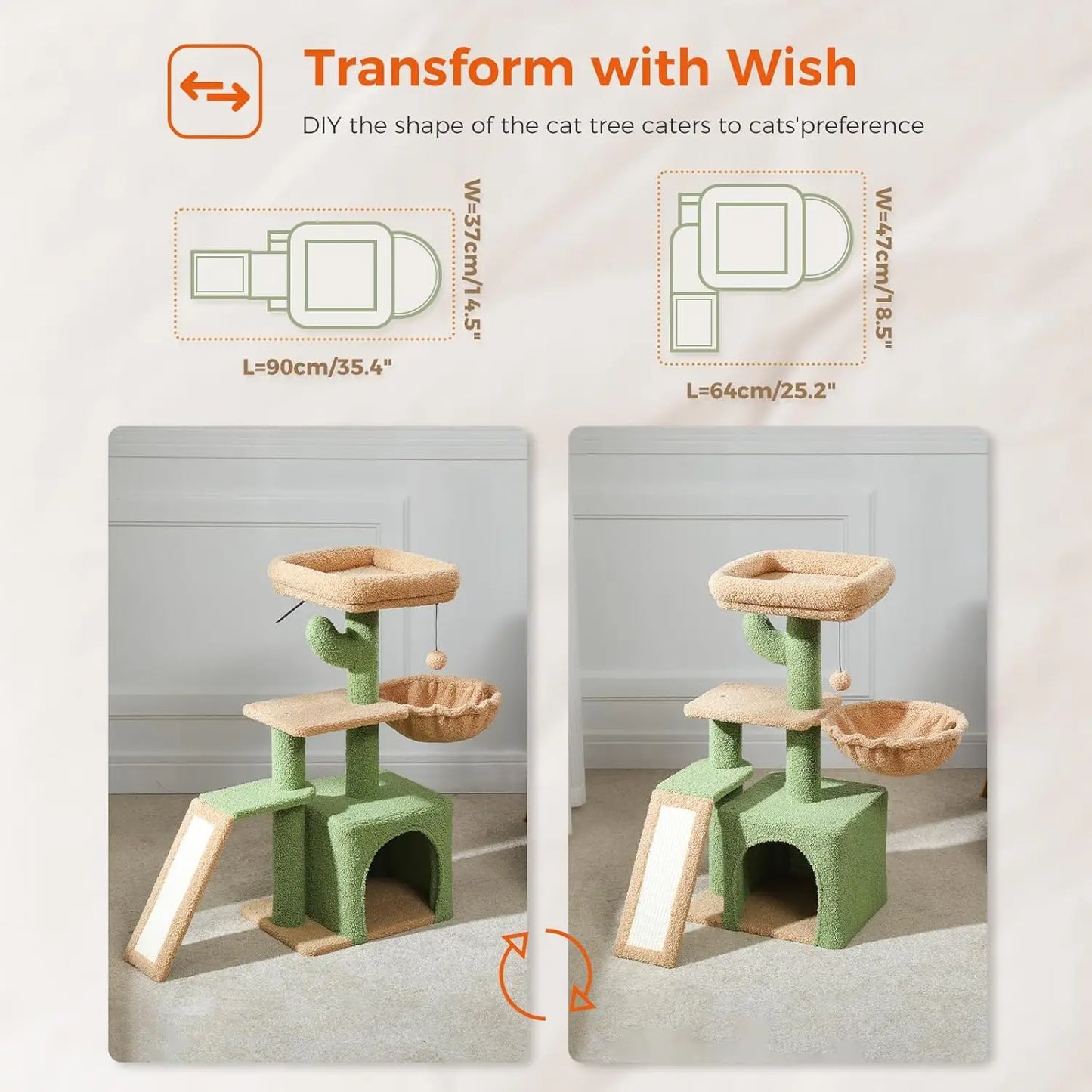 Cactus Cat Tree for Indoor Cats,  Sisal Scratching Ramp, Cozy Hammock and Removable Top Bed Perch for Kittens, Green