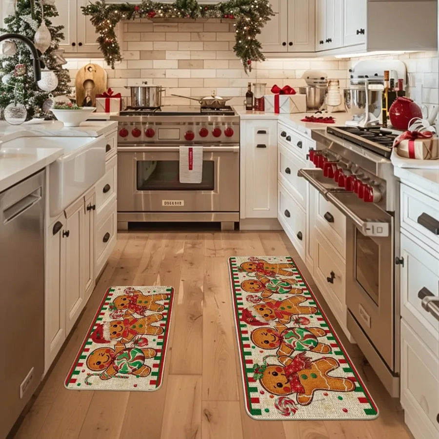 Gingerbread Candy Cane Christmas Kitchen Mats Set of 2 Winter Home Decor LowProfile Kitchen Rugs for Floor 17x29 and 17x47 Inch