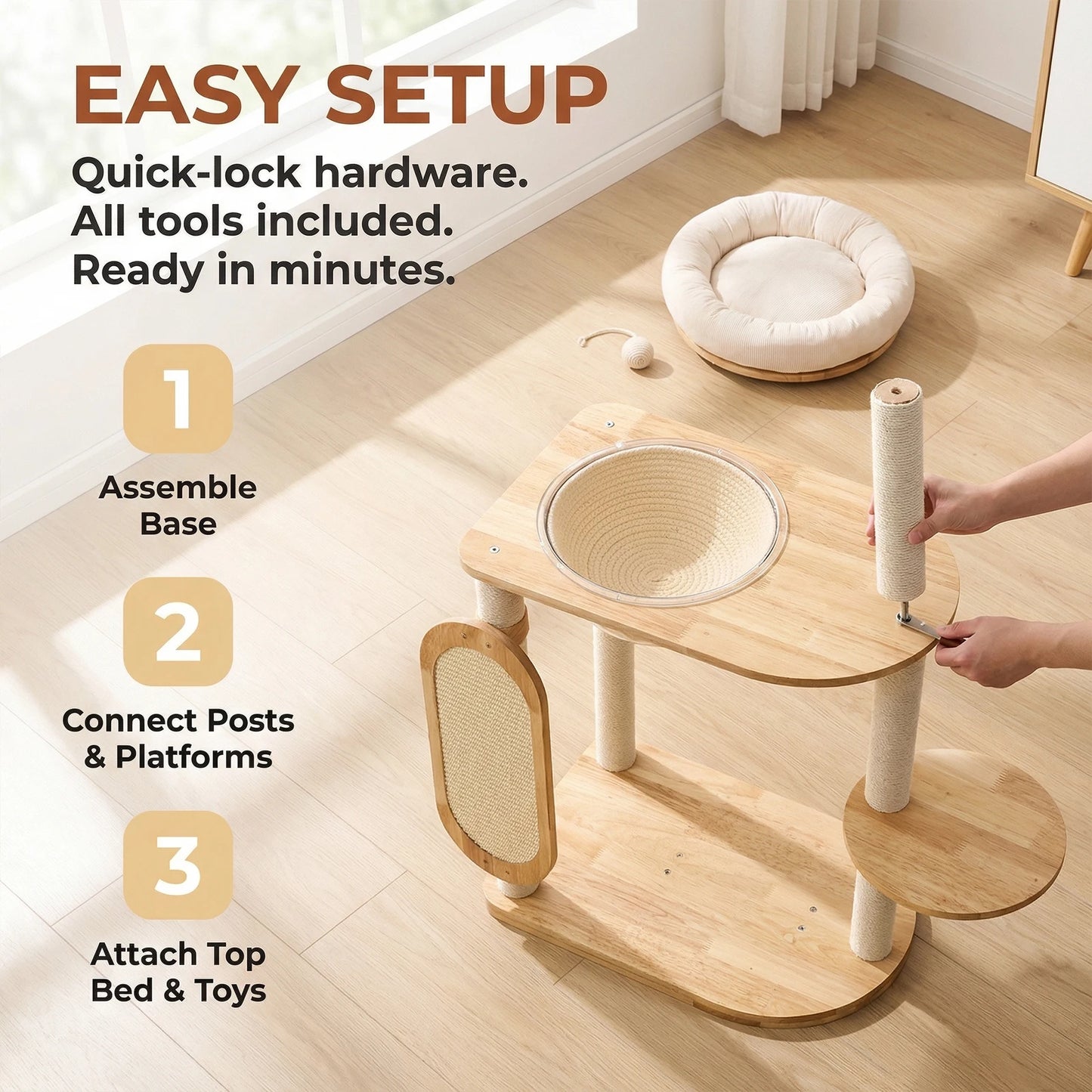 Modern Cat Tree for Indoor Cats Solid Wood Cat Tower Multi-Level Cat Tower for Cat Scratching Ball and Board Washable Easy Clean