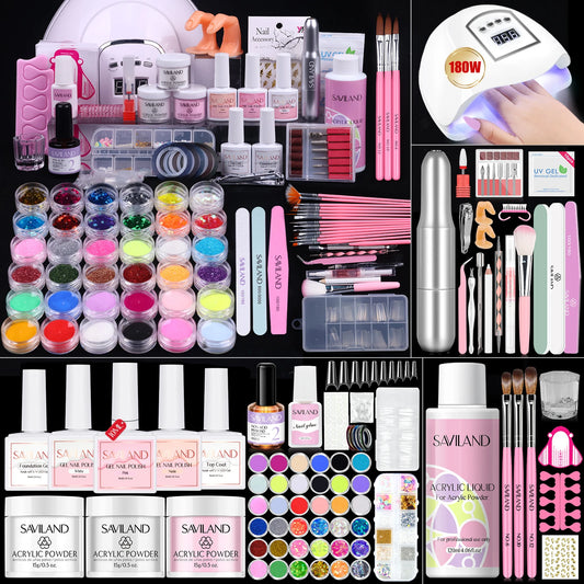 SAVILAND Complete Acrylic Nail Kit for Beginners with Keratin Powder Castor Oil Gel Polish 180W Lamp Nail Drill Full Set Tools