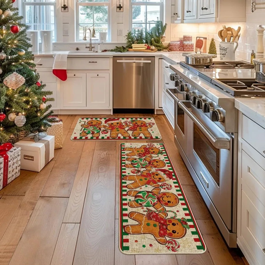 Gingerbread Candy Cane Christmas Kitchen Mats Set of 2 Winter Home Decor LowProfile Kitchen Rugs for Floor 17x29 and 17x47 Inch