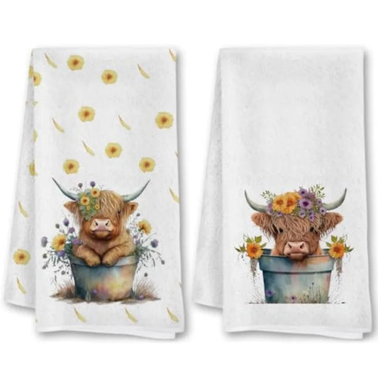 2Pcs Highland Cow Kitchen Dish Towel 16 x 24 Ih Colorful Waffle Weave Microfiber Quick Drying Super Soft Decorative Gt for Cow