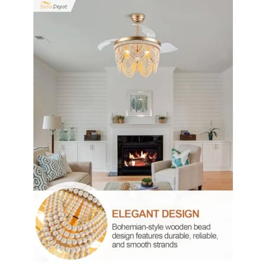 42 Boho Ceiling Fan with Light Flush Mount Wood Beaded Fandelier Chandelier Fan 6 Speeds Reversible Bladeless Ceiling Fan for B