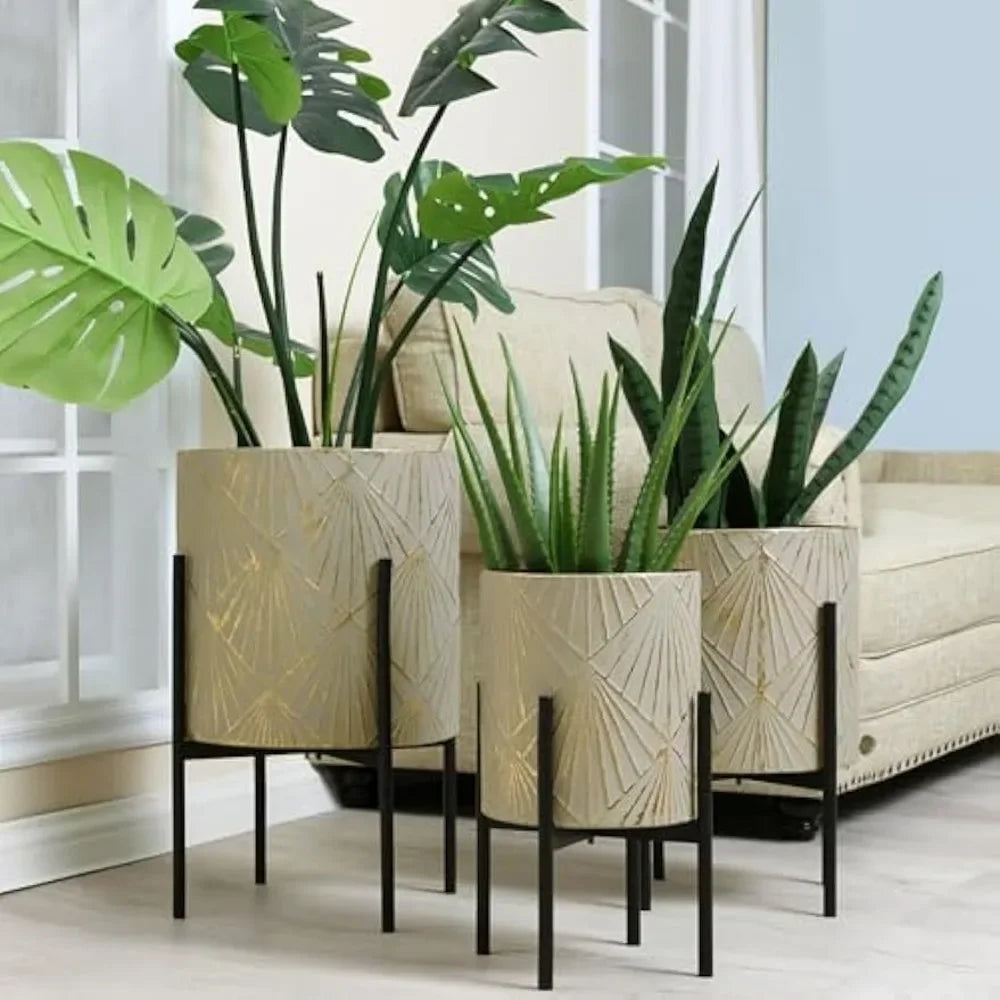 Planters for Indoor Plants, Set of 3 Floor Plants Pots with Stands, Modern Decorative Metal Flower Pots,