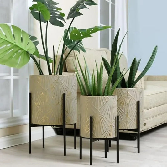 Planters for Indoor Plants, Set of 3 Floor Plants Pots with Stands, Modern Decorative Metal Flower Pots,