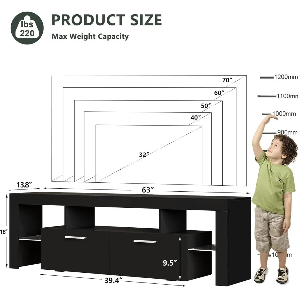 Modern LED 63 inch Long TV Stand with Large Storage Drawer for 50 55 60 65 70 75 Inch TVs, Black Wood TV Console with High Glos