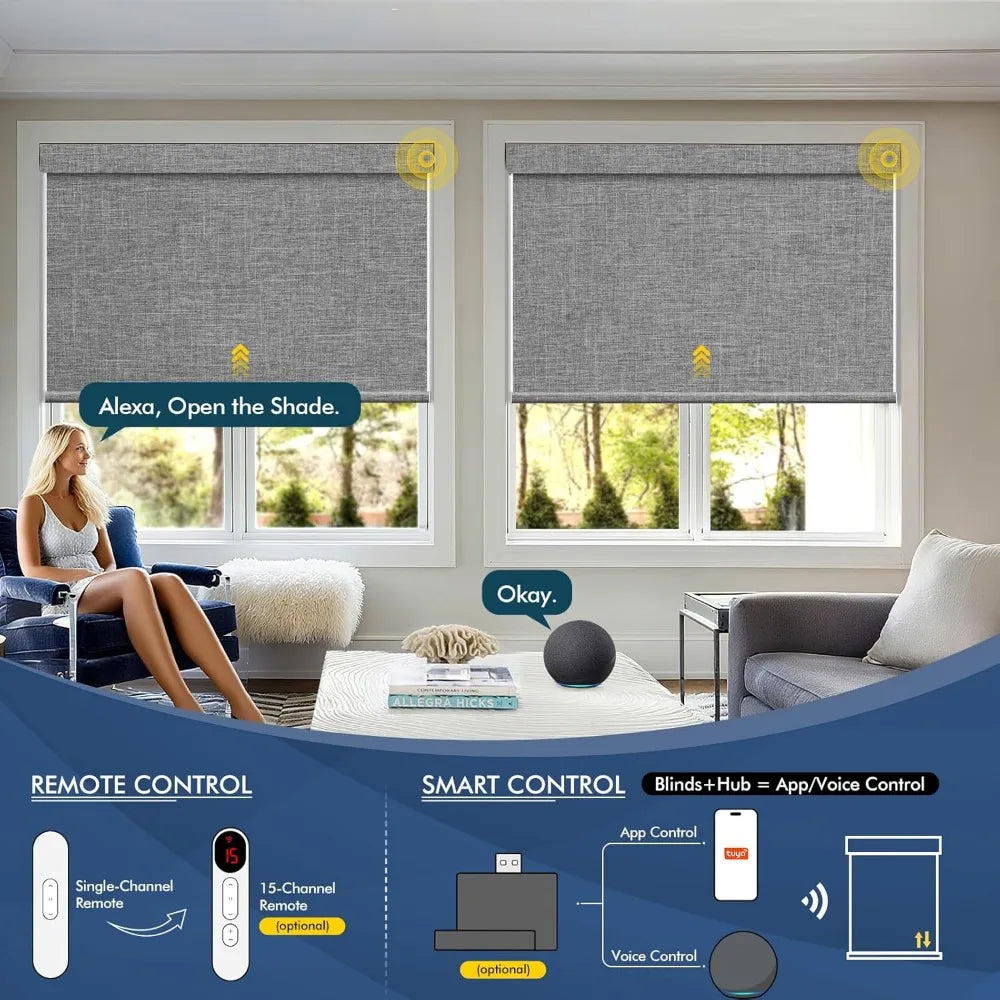 Smart Motorized Blinds for 100% Blackout, Rechargeable with Solar Panel, Wireless Electric Roller Shades for Home Automation