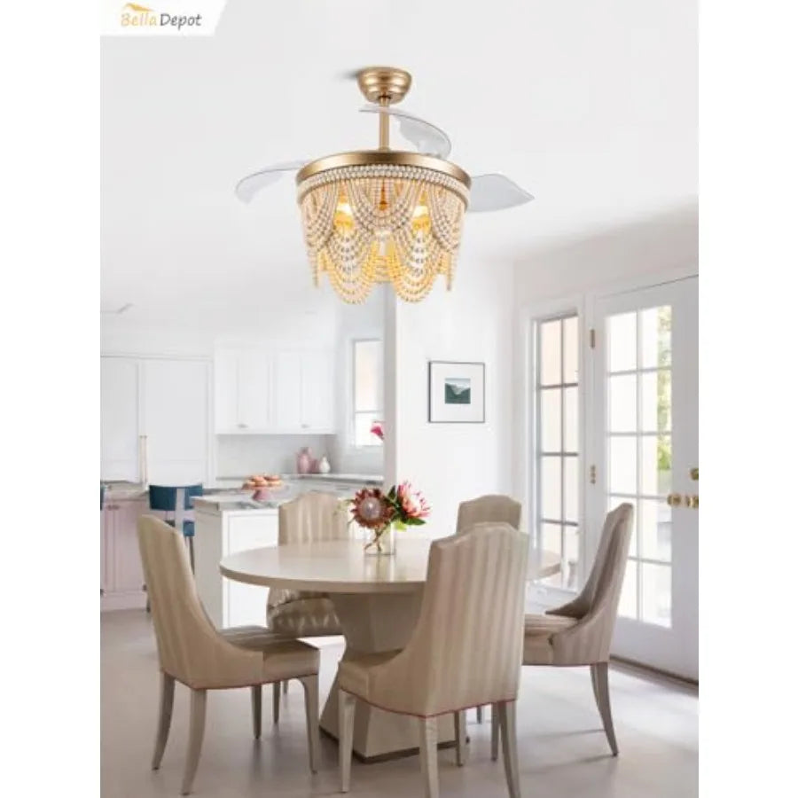 42 Boho Ceiling Fan with Light Flush Mount Wood Beaded Fandelier Chandelier Fan 6 Speeds Reversible Bladeless Ceiling Fan for B