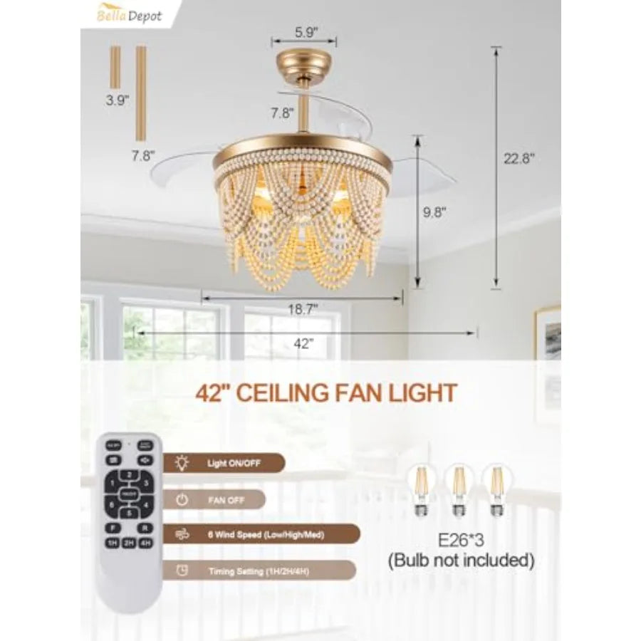 42 Boho Ceiling Fan with Light Flush Mount Wood Beaded Fandelier Chandelier Fan 6 Speeds Reversible Bladeless Ceiling Fan for B