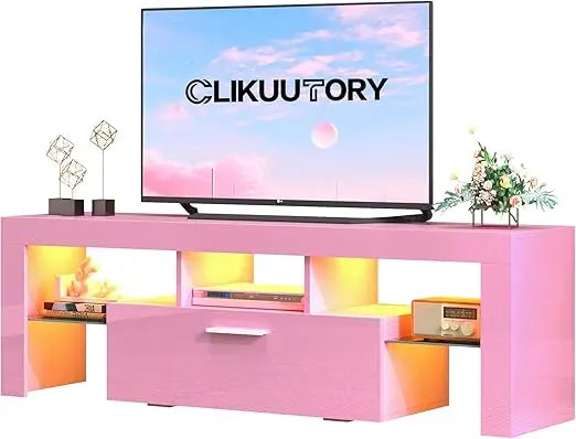 Modern LED 63 inch Long TV Stand with Large Storage Drawer for 50 55 60 65 70 75 Inch TVs, Black Wood TV Console with High Glos