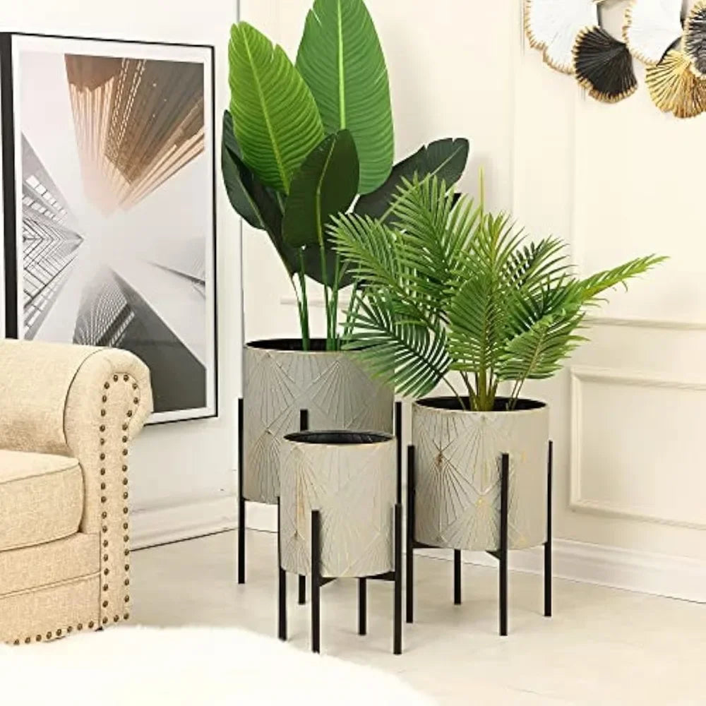 Planters for Indoor Plants, Set of 3 Floor Plants Pots with Stands, Modern Decorative Metal Flower Pots,