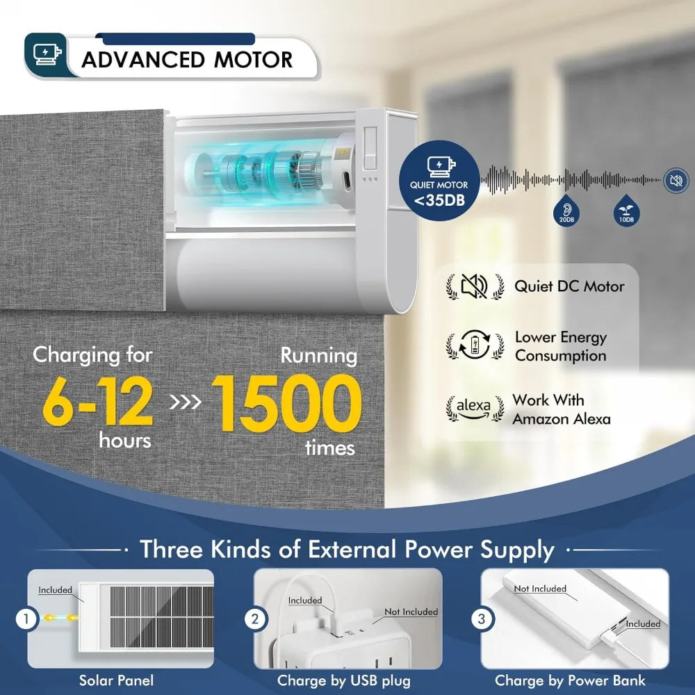 Smart Motorized Blinds for 100% Blackout, Rechargeable with Solar Panel, Wireless Electric Roller Shades for Home Automation