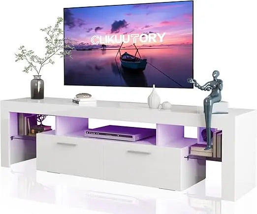Modern LED 63 inch Long TV Stand with Large Storage Drawer for 50 55 60 65 70 75 Inch TVs, Black Wood TV Console with High Glos