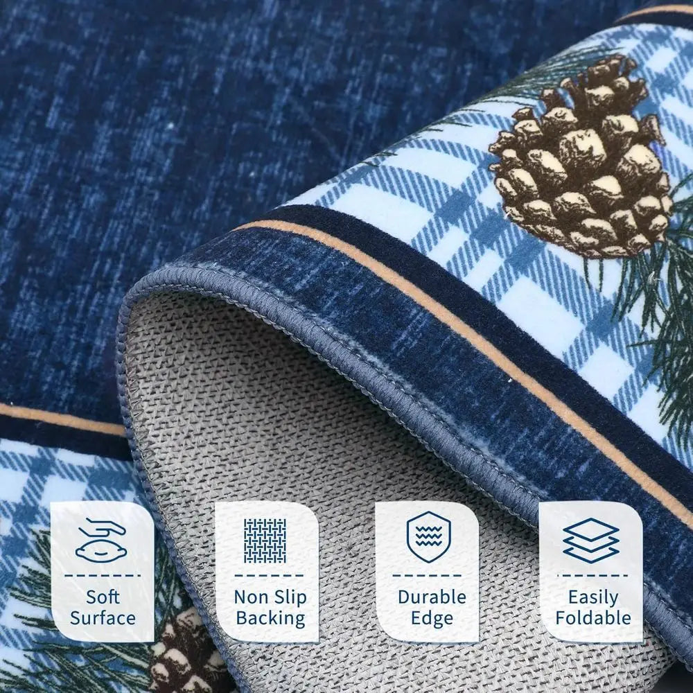 6x9 Christmas Pine Cone Decor Soft Non-Slip Washable Indoor Rug, Low Pile for Laundry Room or Entryway, Holiday Blue