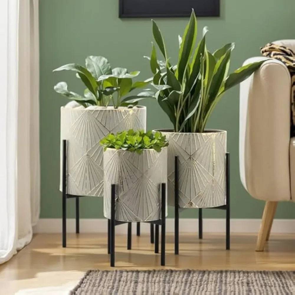 Planters for Indoor Plants, Set of 3 Floor Plants Pots with Stands, Modern Decorative Metal Flower Pots,