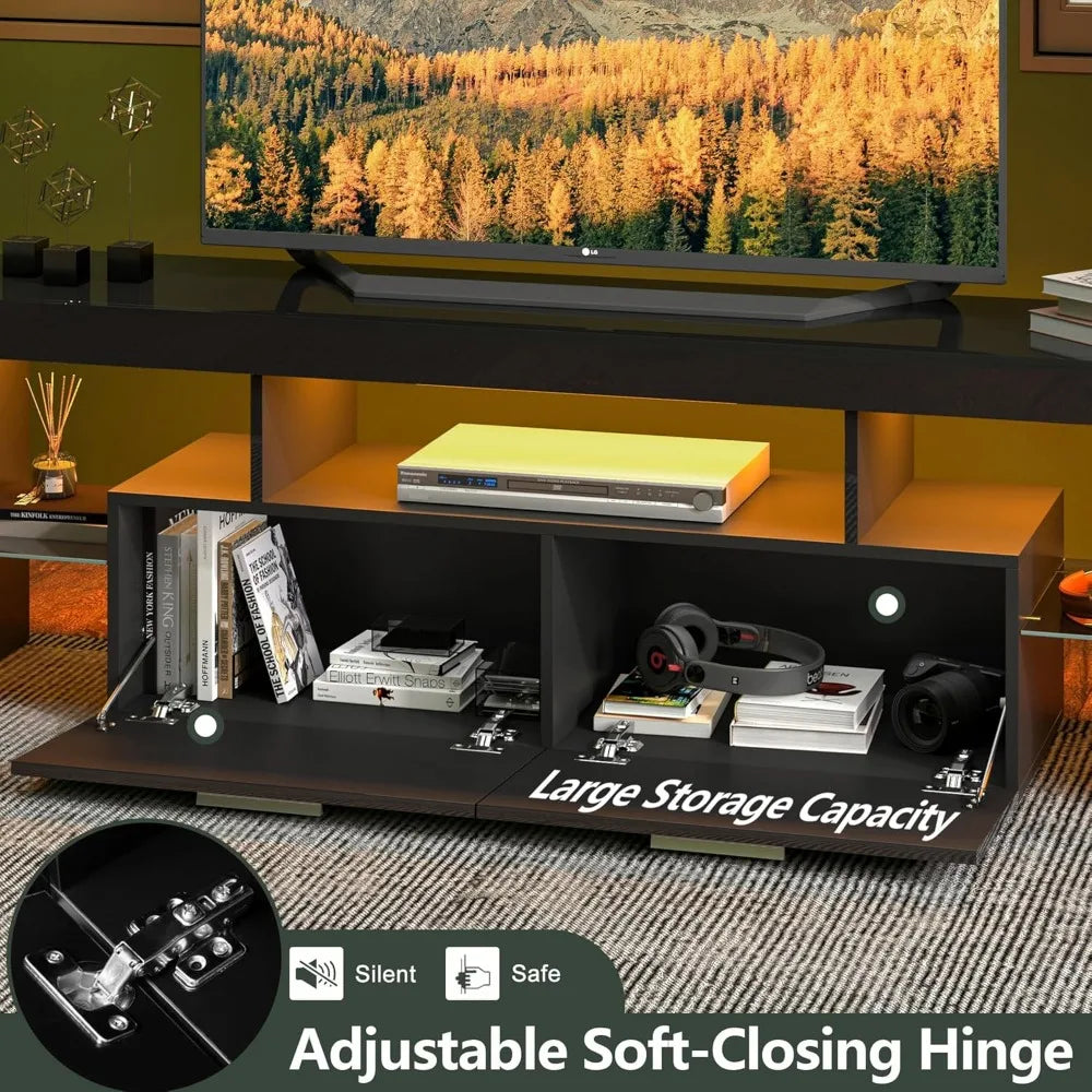 Modern LED 63 inch Long TV Stand with Large Storage Drawer for 50 55 60 65 70 75 Inch TVs, Black Wood TV Console with High Glos