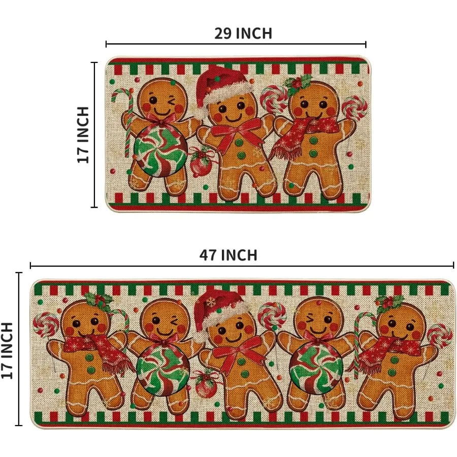 Gingerbread Candy Cane Christmas Kitchen Mats Set of 2 Winter Home Decor LowProfile Kitchen Rugs for Floor 17x29 and 17x47 Inch