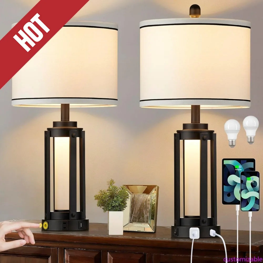 Customizable-25" Modern Table Lamps Set Of 2, Industrial Beside Lamps With USB A+C Charging Ports & AC Outlet, Nightstand Lamp W