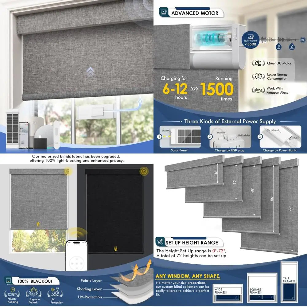 Smart Motorized Blinds for 100% Blackout, Rechargeable with Solar Panel, Wireless Electric Roller Shades for Home Automation