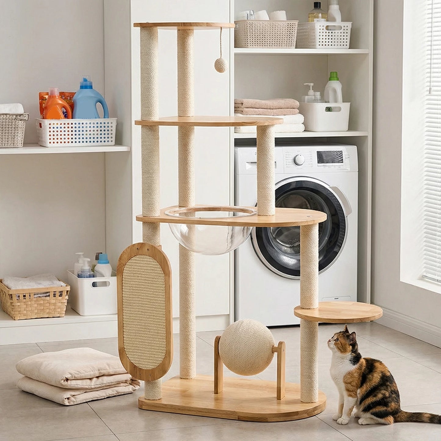 Modern Cat Tree for Indoor Cats Solid Wood Cat Tower Multi-Level Cat Tower for Cat Scratching Ball and Board Washable Easy Clean