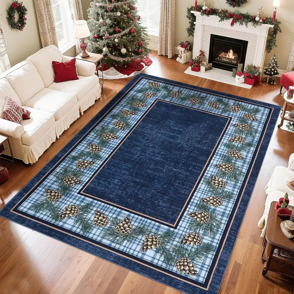 6x9 Christmas Pine Cone Decor Soft Non-Slip Washable Indoor Rug, Low Pile for Laundry Room or Entryway, Holiday Blue