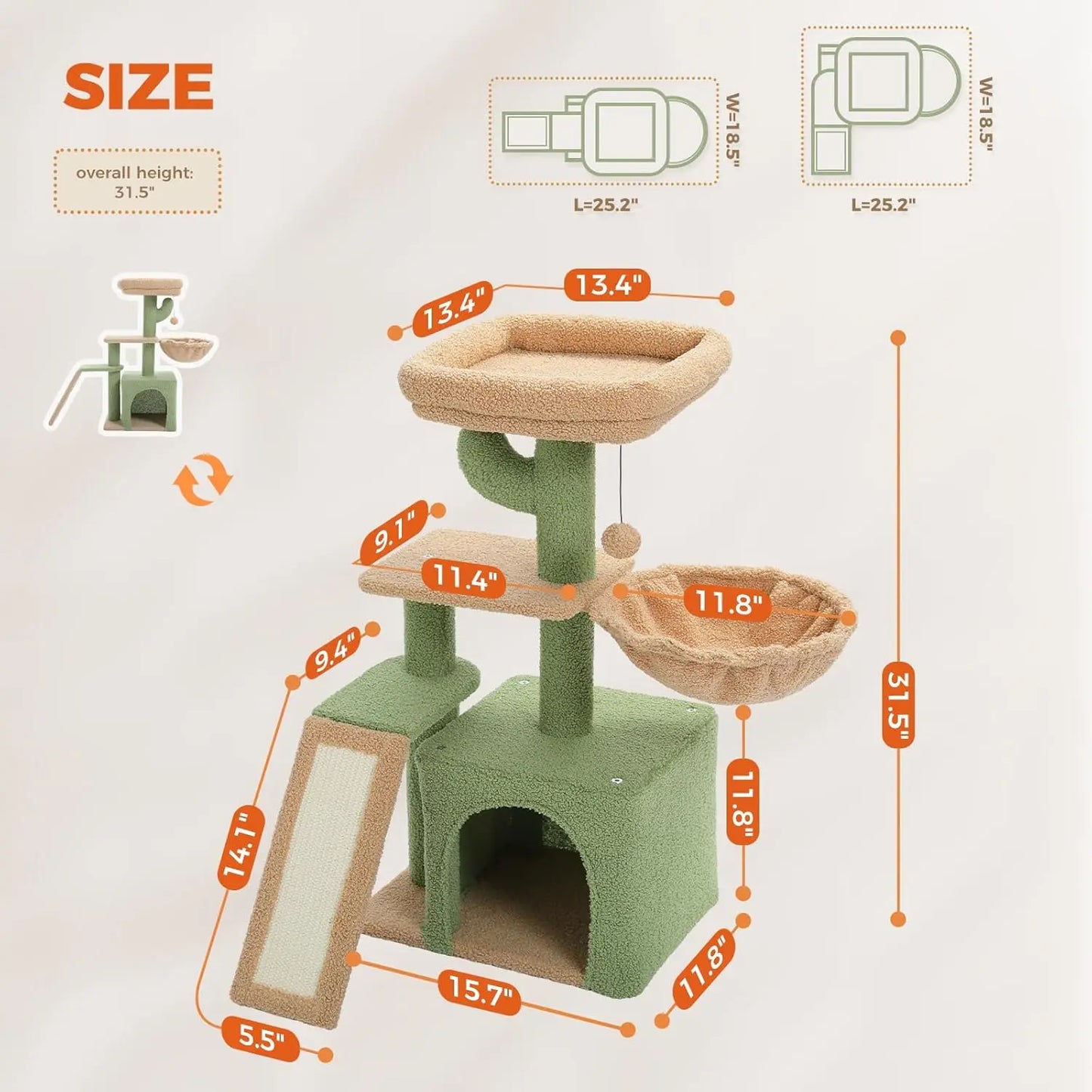 Cactus Cat Tree for Indoor Cats,  Sisal Scratching Ramp, Cozy Hammock and Removable Top Bed Perch for Kittens, Green