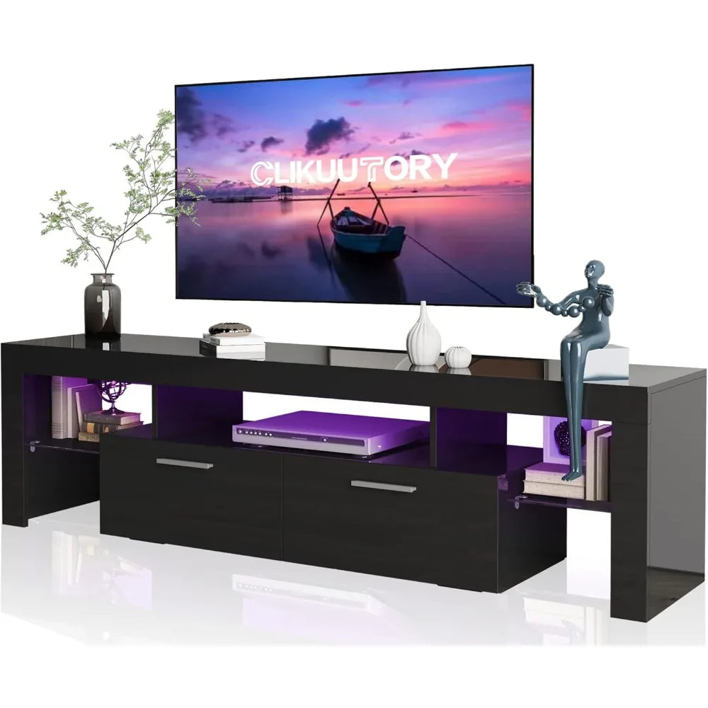 Modern LED 63 inch Long TV Stand with Large Storage Drawer for 50 55 60 65 70 75 Inch TVs, Black Wood TV Console with High Glos