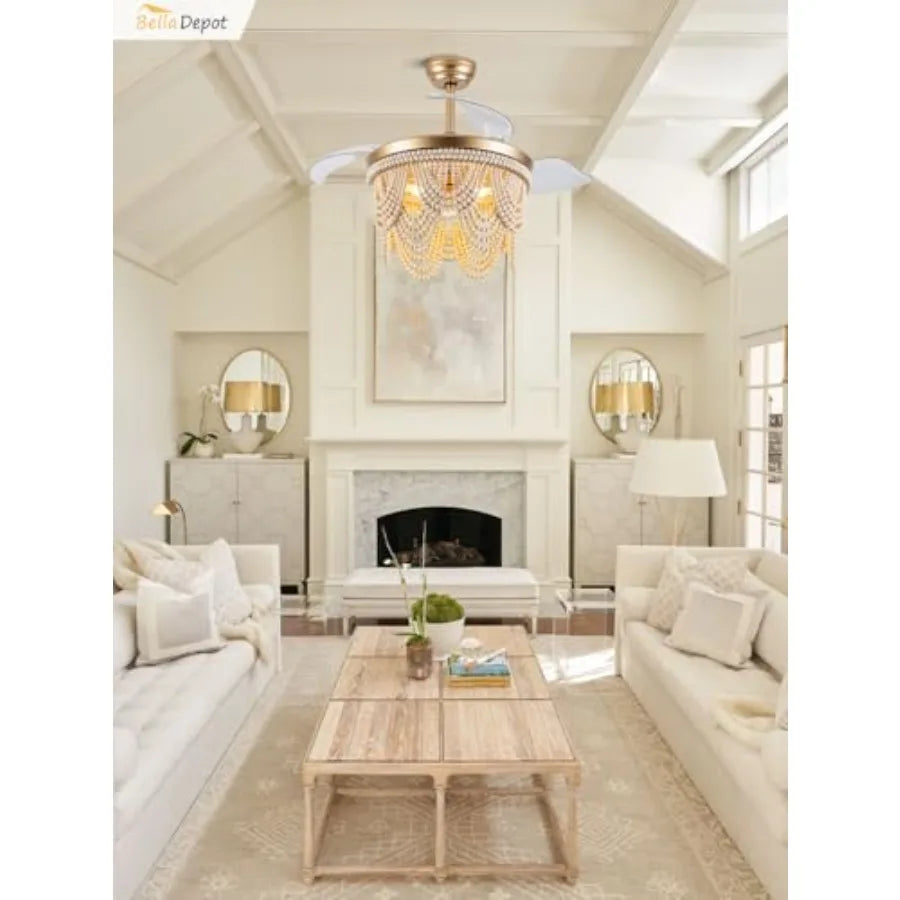 42 Boho Ceiling Fan with Light Flush Mount Wood Beaded Fandelier Chandelier Fan 6 Speeds Reversible Bladeless Ceiling Fan for B