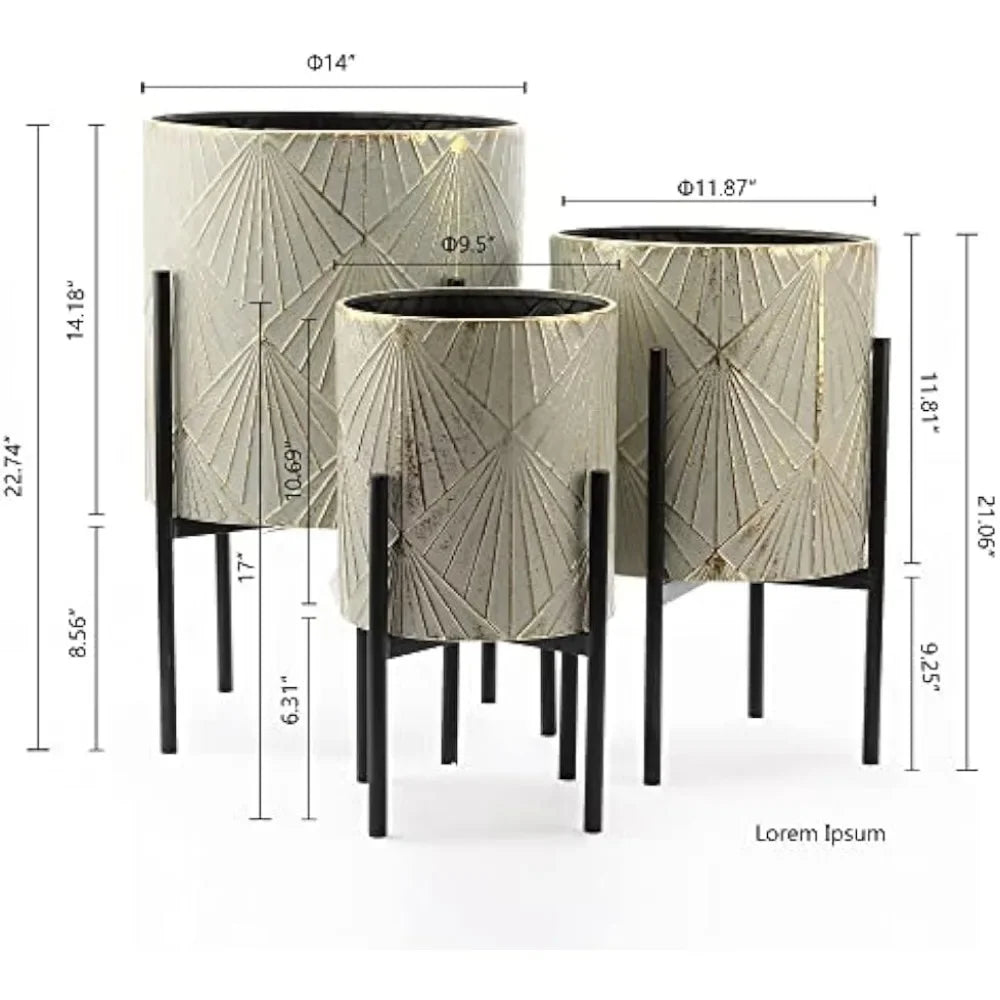 Planters for Indoor Plants, Set of 3 Floor Plants Pots with Stands, Modern Decorative Metal Flower Pots,