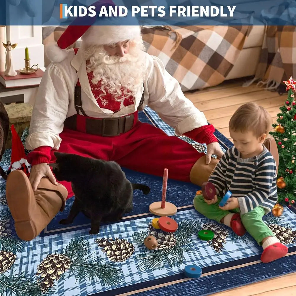 6x9 Christmas Pine Cone Decor Soft Non-Slip Washable Indoor Rug, Low Pile for Laundry Room or Entryway, Holiday Blue