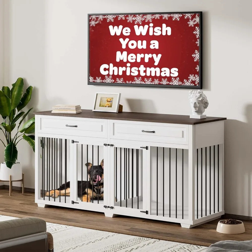Furniture Style Dog Crate with Double Room, 73 Inch Wooden Dog Kennel with Removable Divider, Dog House TV Entertaimen Center