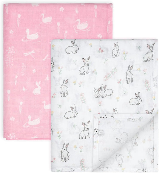 Soft Muslin Swaddle Blankets 2-Pack, Breathable Baby Receiving Blankets for Newborns (35"x40")
