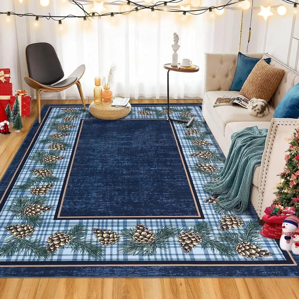 6x9 Christmas Pine Cone Decor Soft Non-Slip Washable Indoor Rug, Low Pile for Laundry Room or Entryway, Holiday Blue
