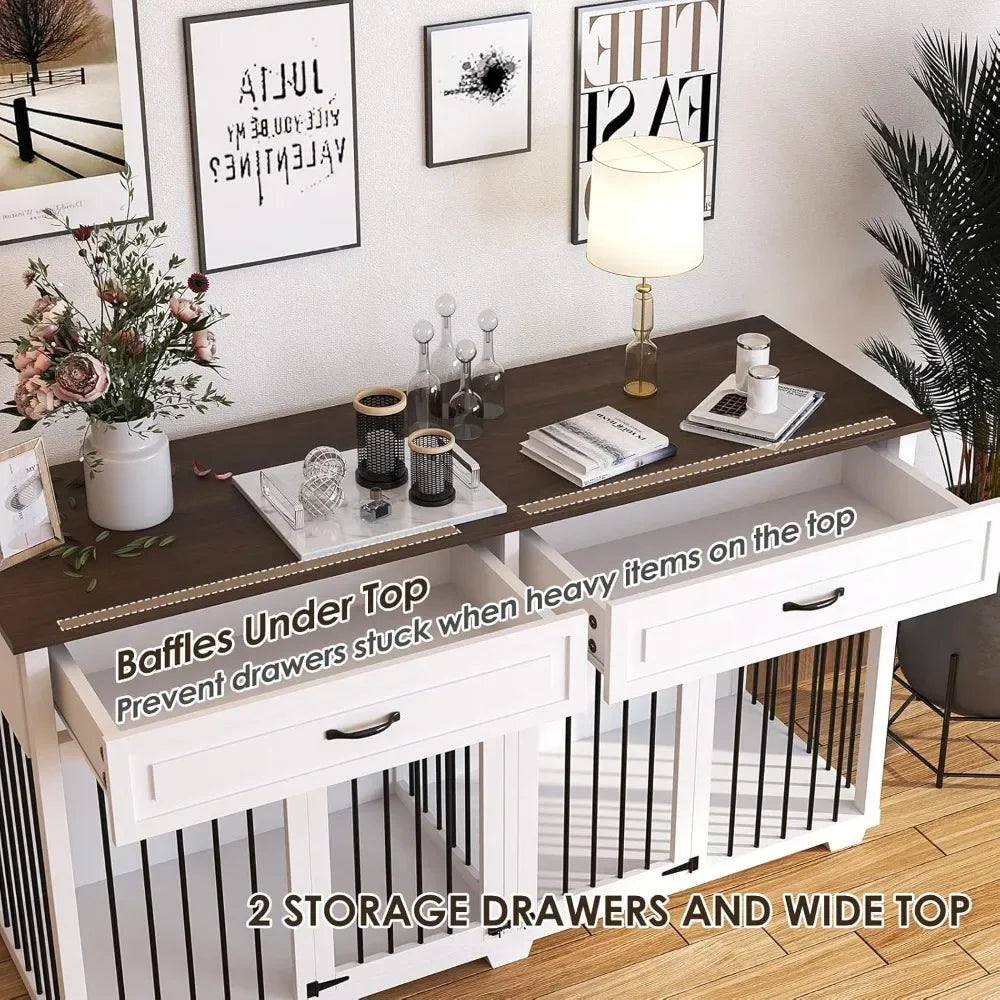 Furniture Style Dog Crate with Double Room, 73 Inch Wooden Dog Kennel with Removable Divider, Dog House TV Entertaimen Center