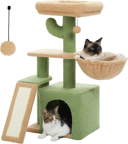 Cactus Cat Tree for Indoor Cats,  Sisal Scratching Ramp, Cozy Hammock and Removable Top Bed Perch for Kittens, Green
