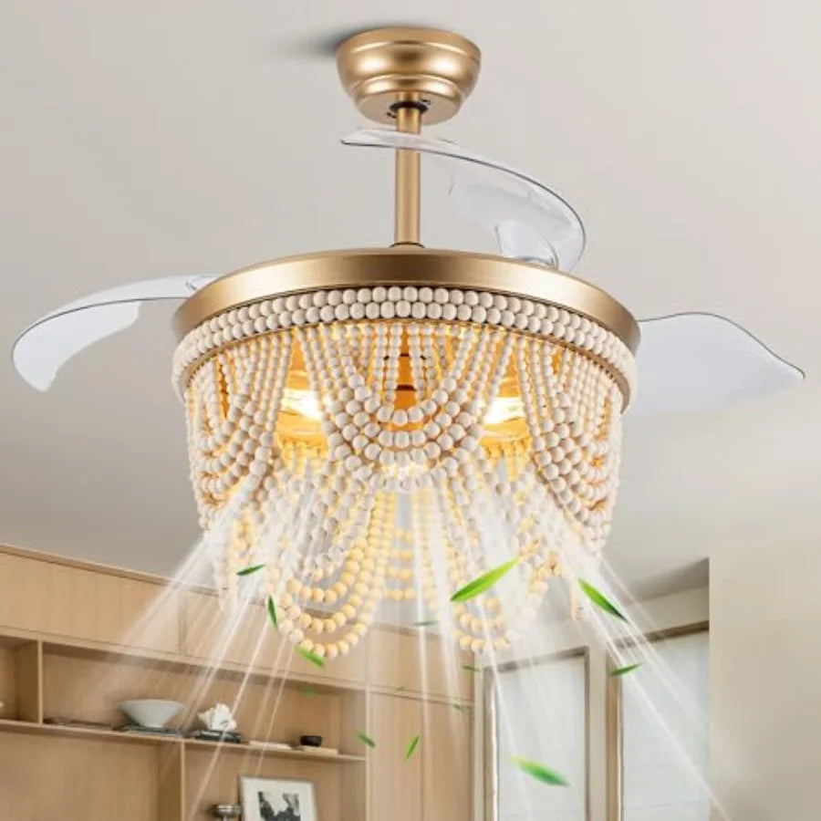 42 Boho Ceiling Fan with Light Flush Mount Wood Beaded Fandelier Chandelier Fan 6 Speeds Reversible Bladeless Ceiling Fan for B