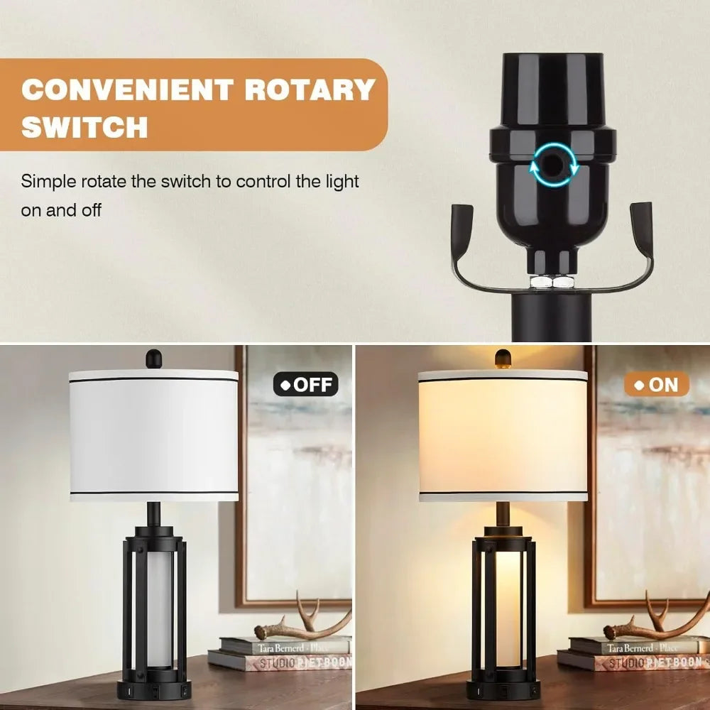 Customizable-25" Modern Table Lamps Set Of 2, Industrial Beside Lamps With USB A+C Charging Ports & AC Outlet, Nightstand Lamp W