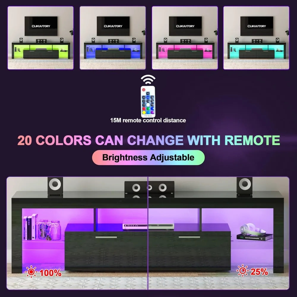 Modern LED 63 inch Long TV Stand with Large Storage Drawer for 50 55 60 65 70 75 Inch TVs, Black Wood TV Console with High Glos