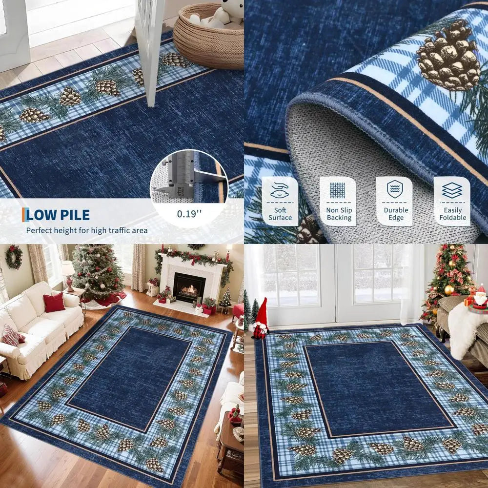 6x9 Christmas Pine Cone Decor Soft Non-Slip Washable Indoor Rug, Low Pile for Laundry Room or Entryway, Holiday Blue
