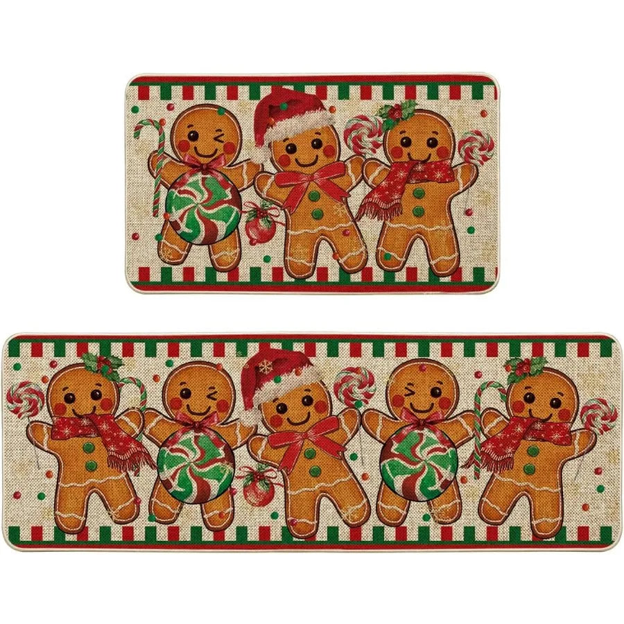 Gingerbread Candy Cane Christmas Kitchen Mats Set of 2 Winter Home Decor LowProfile Kitchen Rugs for Floor 17x29 and 17x47 Inch