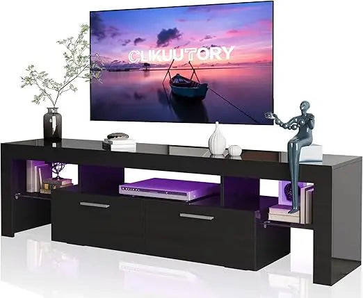 Modern LED 63 inch Long TV Stand with Large Storage Drawer for 50 55 60 65 70 75 Inch TVs, Black Wood TV Console with High Glos