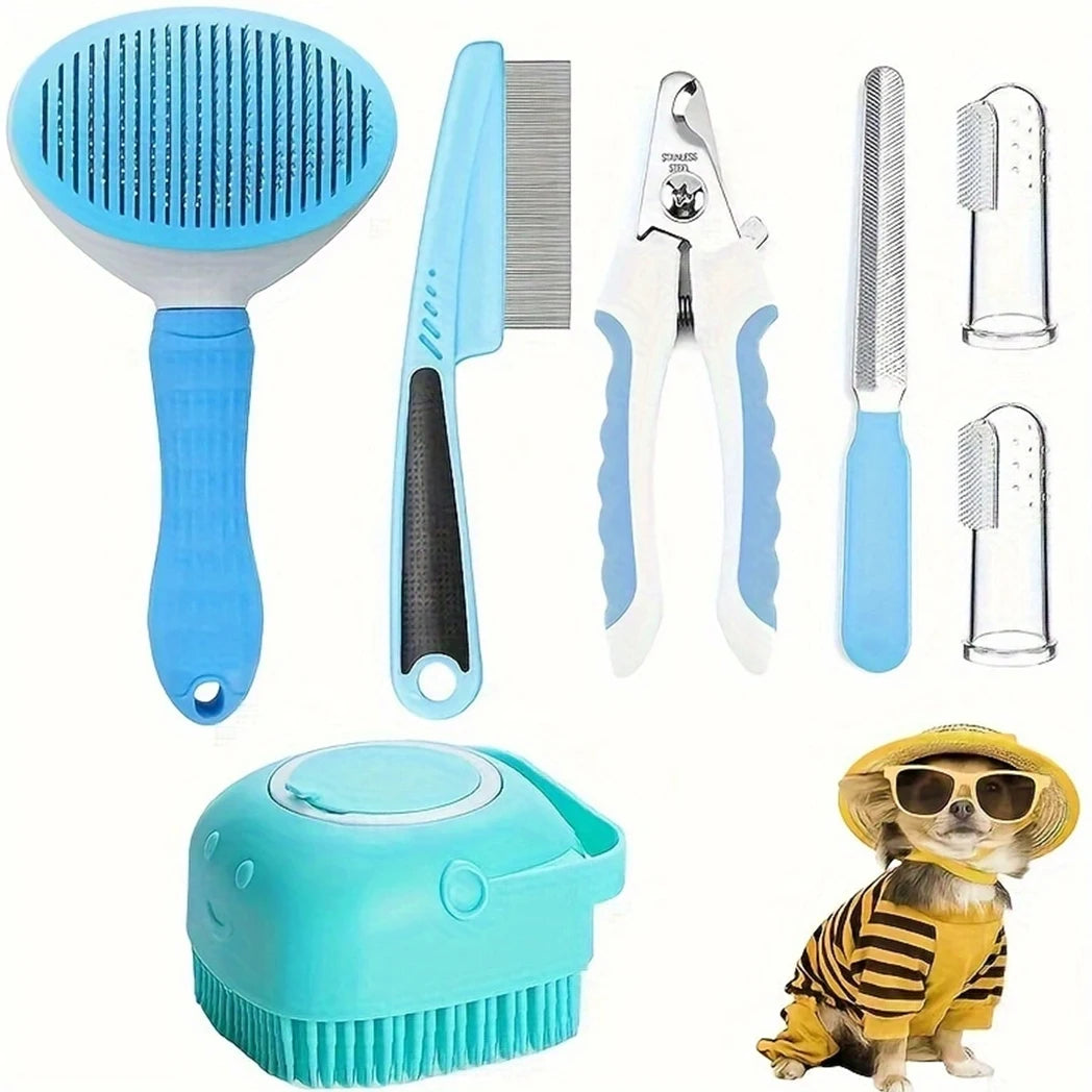 7 Pack Pet Grooming Set, Hair Removal Comb For Dog, Flea Comb, Dog Shampoo Brush, Pet Nail Clippers, Dog Toothbrush Set
