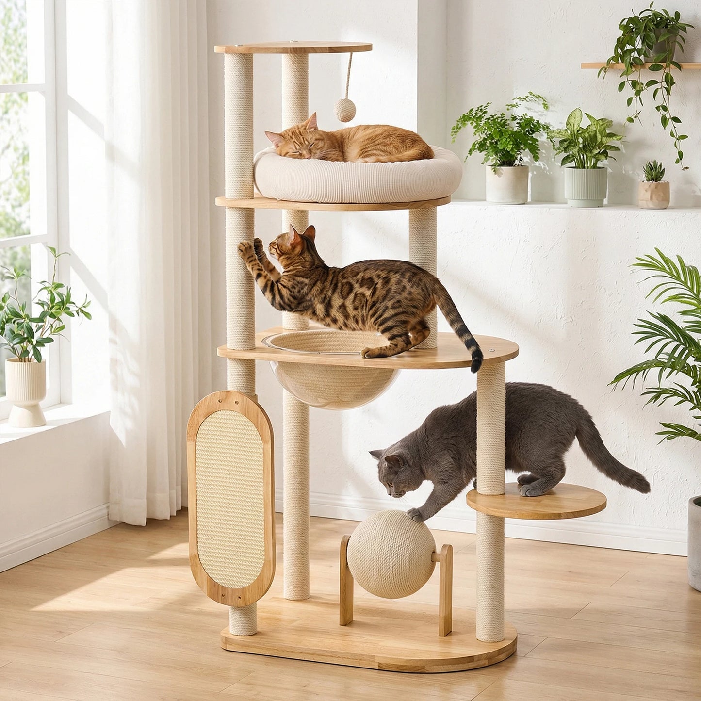 Modern Cat Tree for Indoor Cats Solid Wood Cat Tower Multi-Level Cat Tower for Cat Scratching Ball and Board Washable Easy Clean
