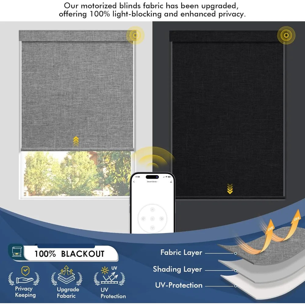 Smart Motorized Blinds for 100% Blackout, Rechargeable with Solar Panel, Wireless Electric Roller Shades for Home Automation