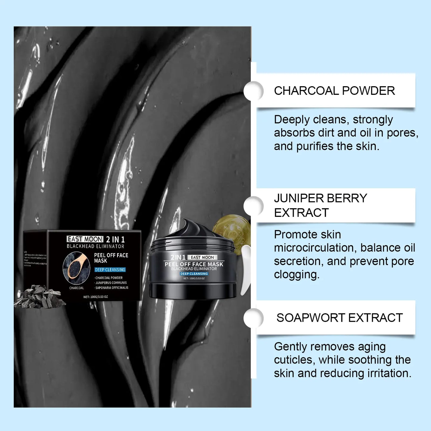 East Moon Bamboo Charcoal Mud Mas Gentle Exfoliating Blackhead Care Hydrating Revitalizing Facial Mask Non-Drying All Skin Types